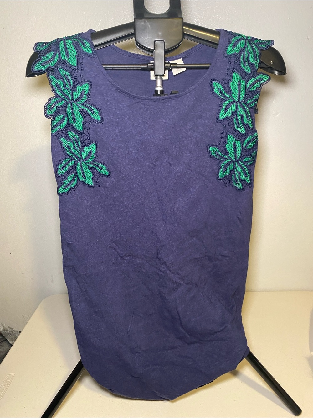 C&C California Navy Sleeveless Tank with Green Floral Embroidery
